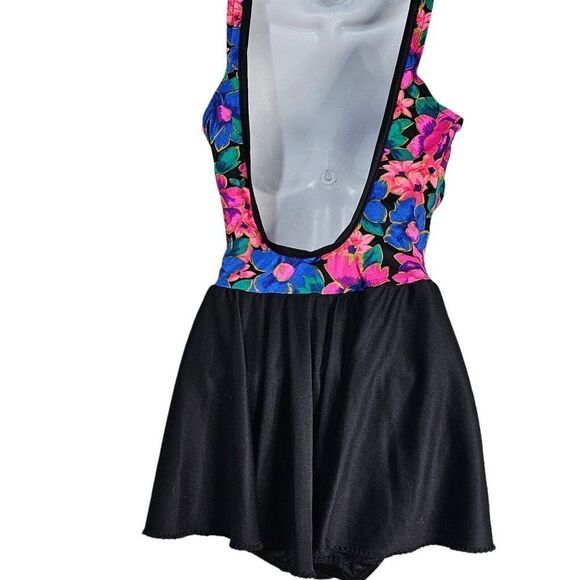 Vintage 80s Swimsuit Skirted One Piece Womens Size M Black Floral Pink Purple - Picture 5 of 7